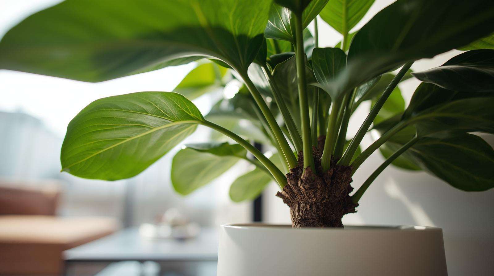 Lush fiddle leaf fig plant with glossy green leaves in a white pot, showcasing the impact of the best fiddle leaf fig fertilizer.