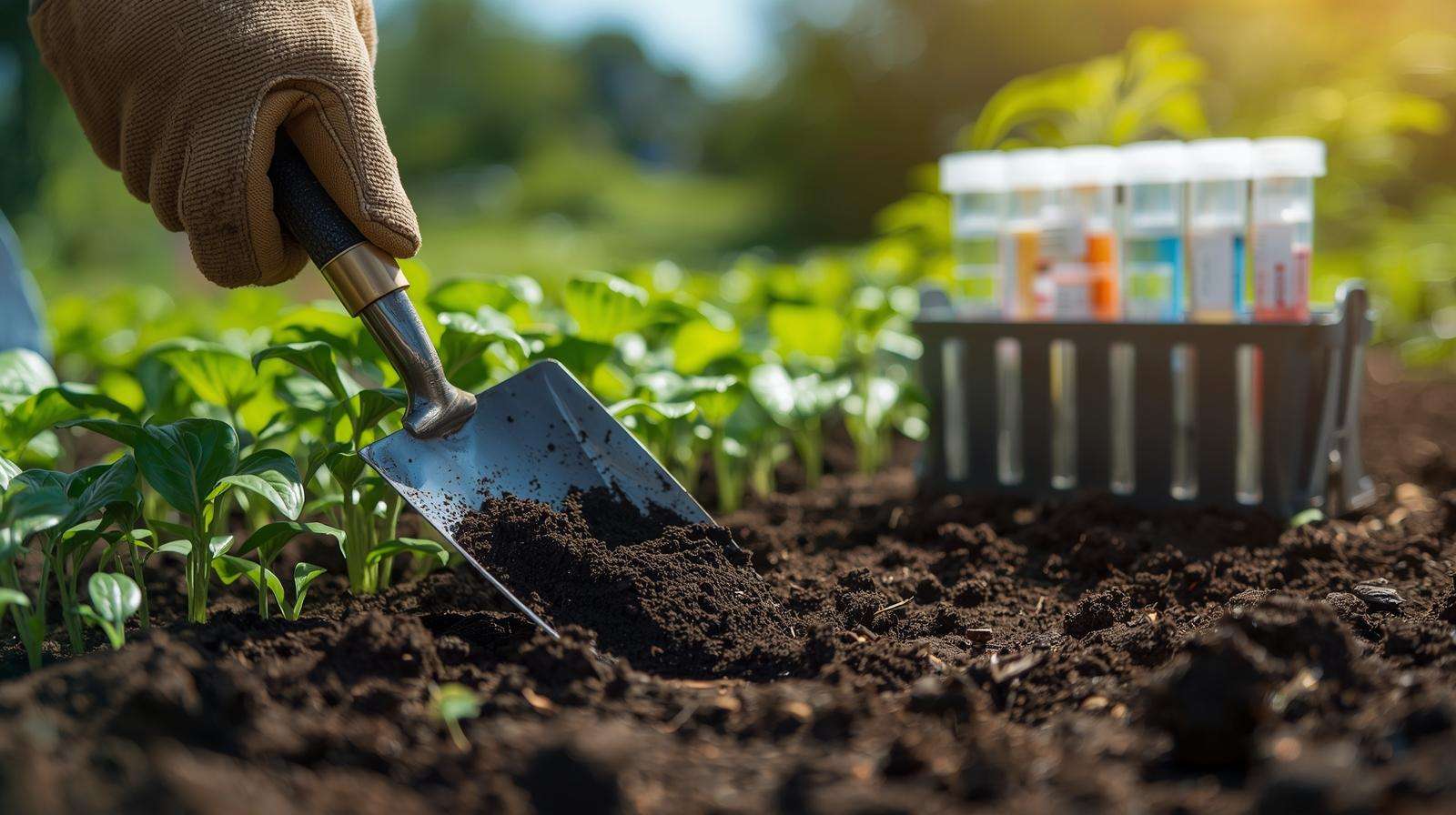 Soil testing process with trowel and test kit near plants, supporting effective use of 10 20 10 fertilizer for root development.