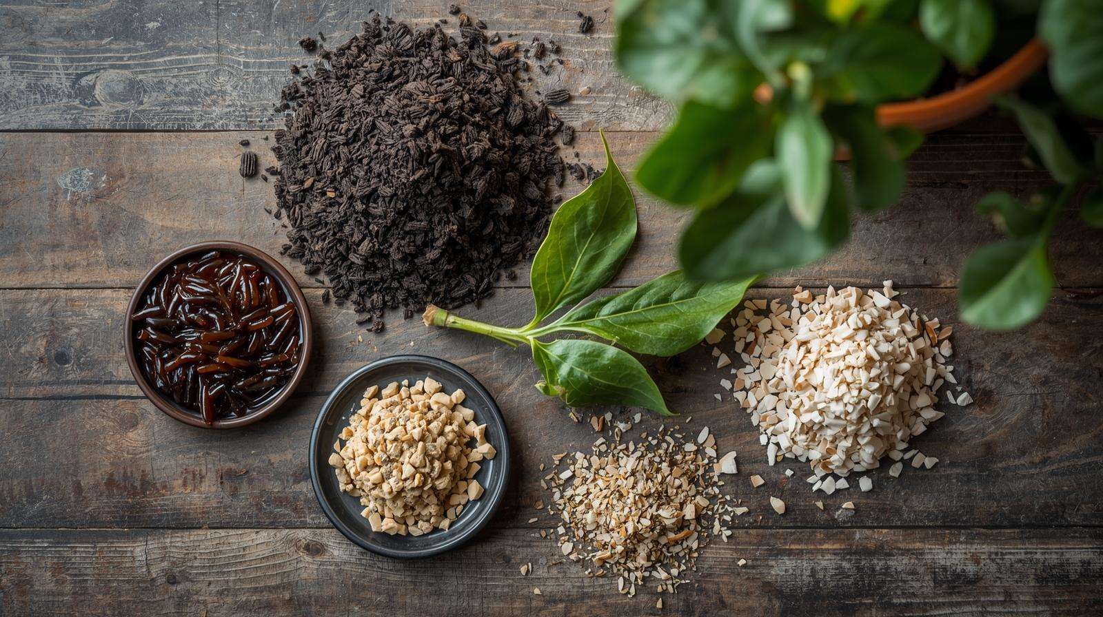 Organic fiddle leaf fig fertilizer ingredients like worm castings and eggshells on a wooden table, promoting sustainable plant care.