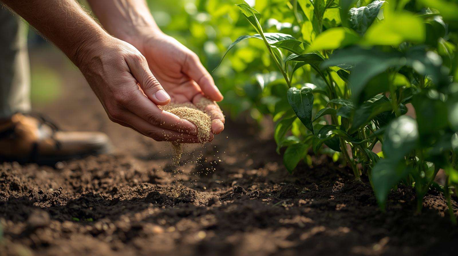Gardener applying granular fertilizer for peppers around a plant base, demonstrating proper fertilization techniques.
