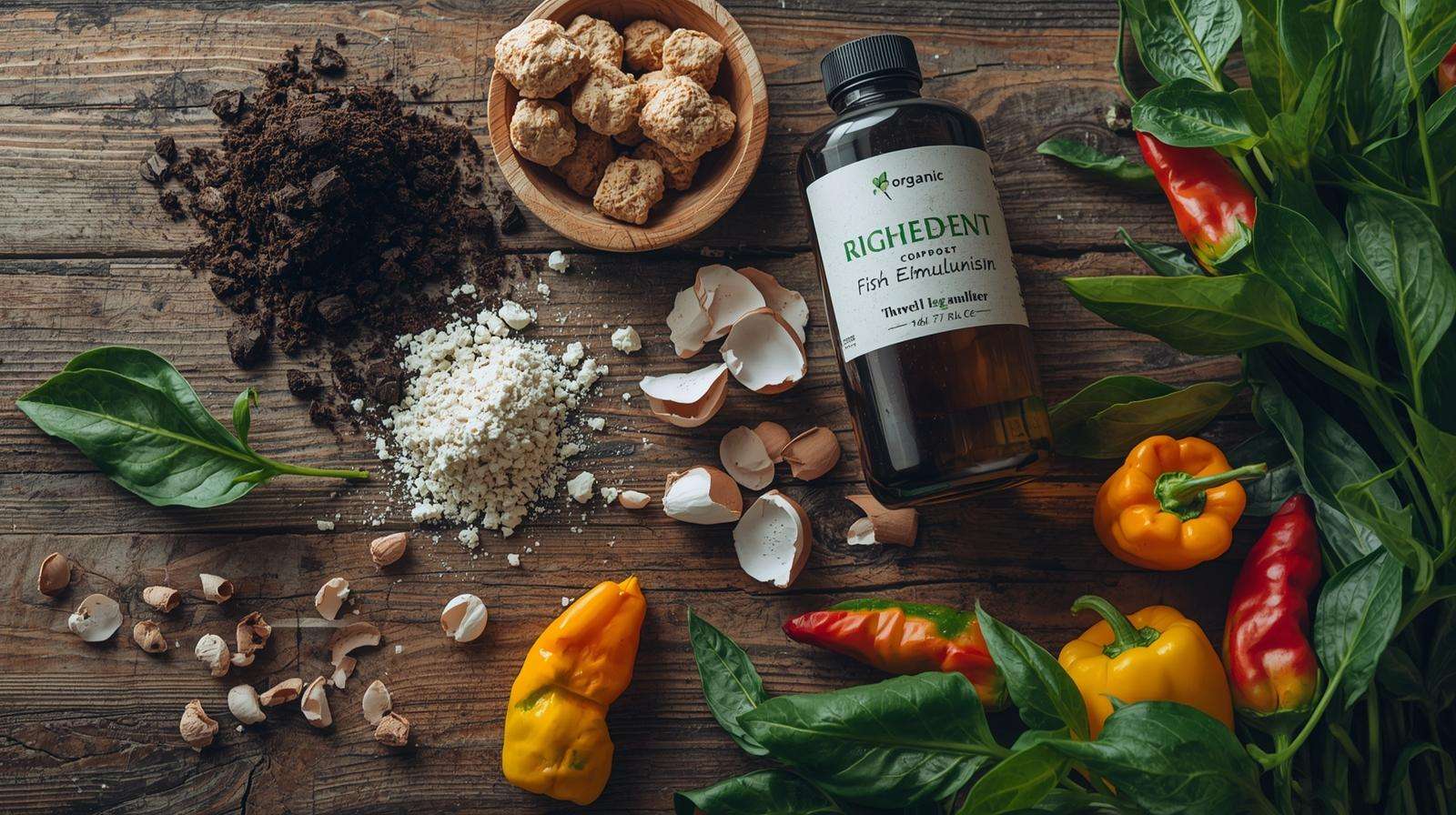 Organic fertilizer ingredients like compost and eggshells for peppers, arranged with fresh peppers on a wooden surface.