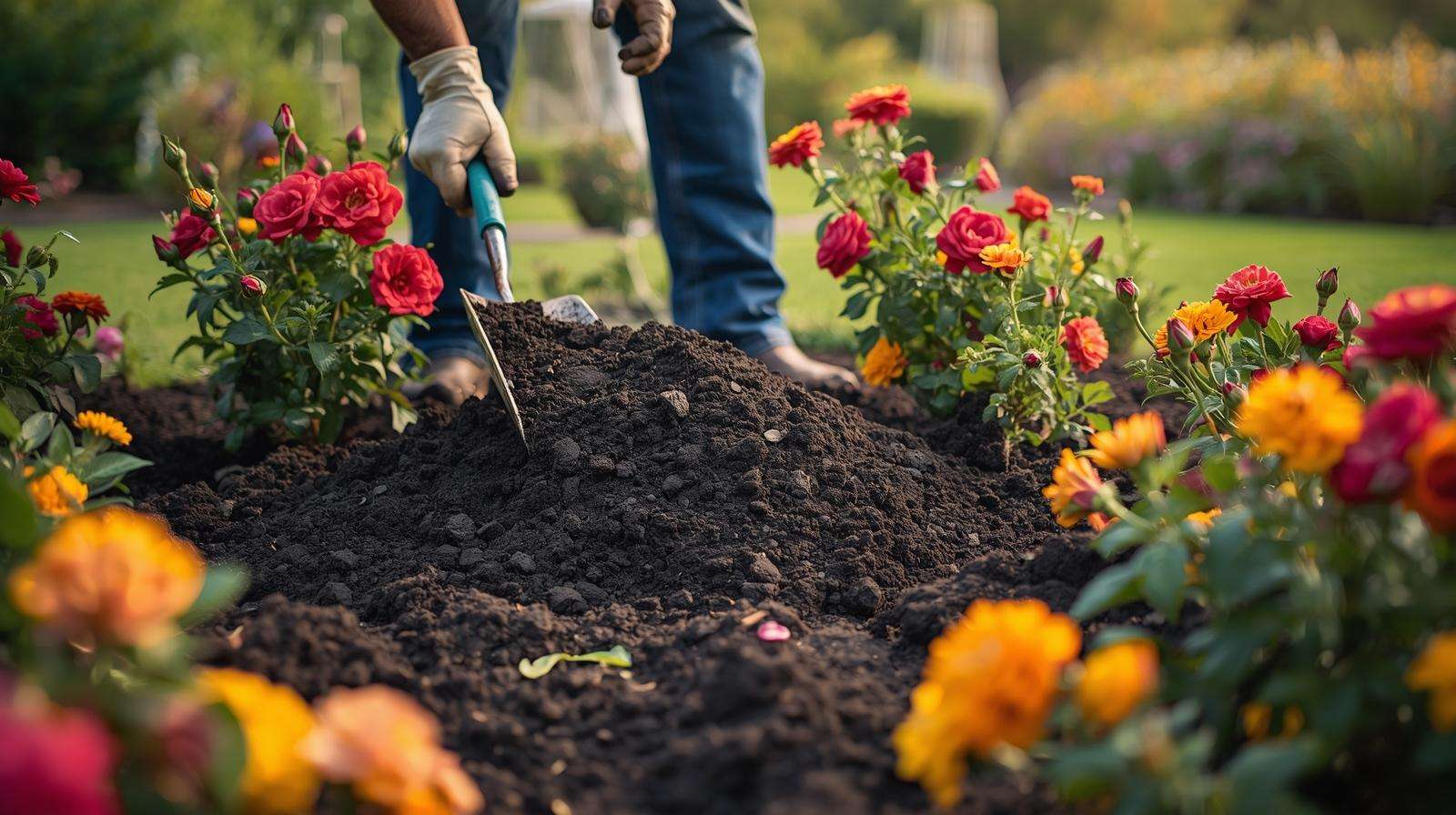 Gardener applying composted cattle manure to a flower bed for nutrient-rich soil and vibrant blooms.