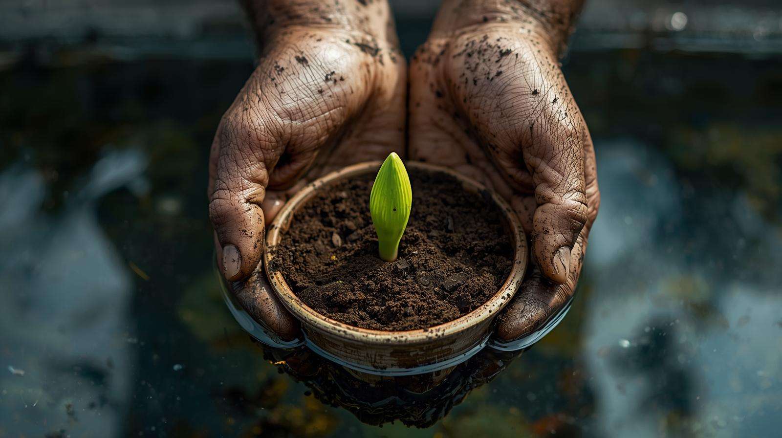 A gardener’s hands gently transplanting a water lily sprout into a small pot filled with loamy soil, submerged in shallow, clear water. The sprout’s delicate green tip is visible above the soil. The background shows a clean, reflective water surface with soft natural light. The image is in a 16:9 ratio, with no text.