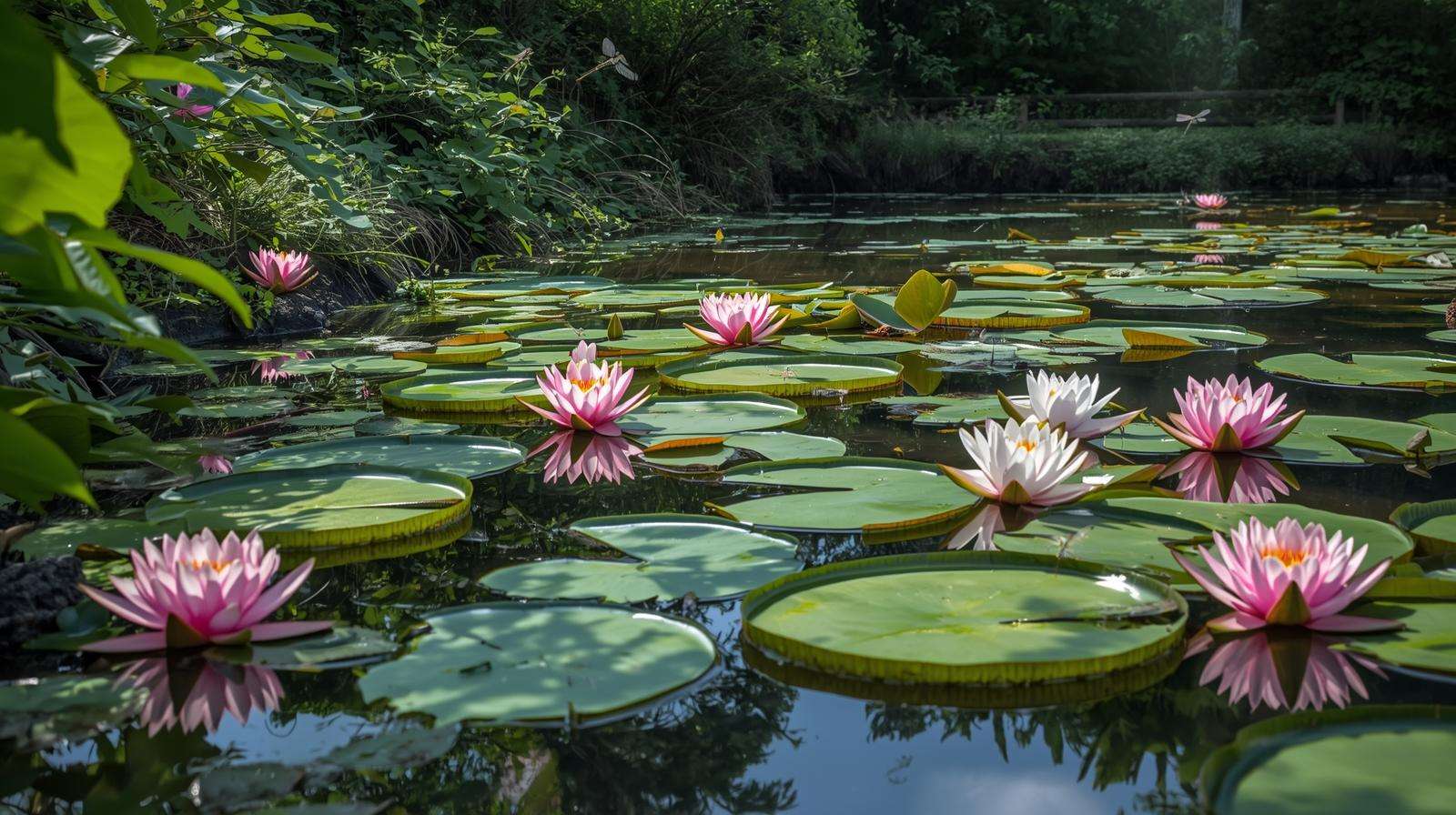 Pond with blooming water lilies from water lily seeds, surrounded by greenery.