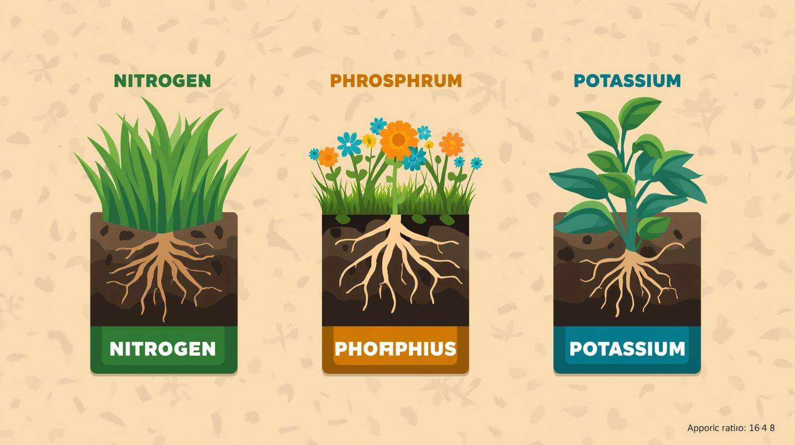 Infographic illustrating nitrogen, phosphorus, and potassium in 16-4-8 fertilizer, highlighting lush lawn growth with grass and root icons.