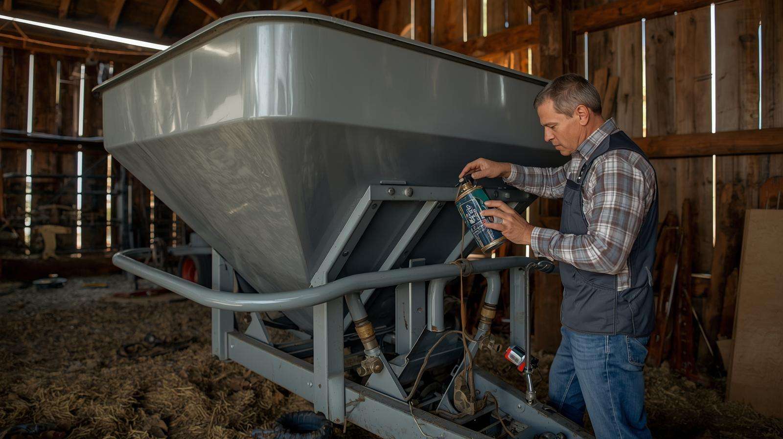 Farmer maintaining a 3 point fertilizer spreader in a barn, cleaning the hopper for optimal performance and longevity.