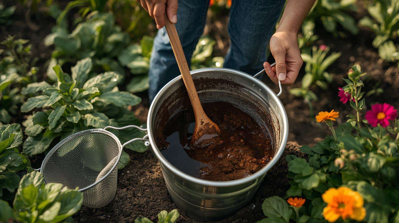 Gardener preparing compost tea with composted cattle manure to boost plant growth sustainably.