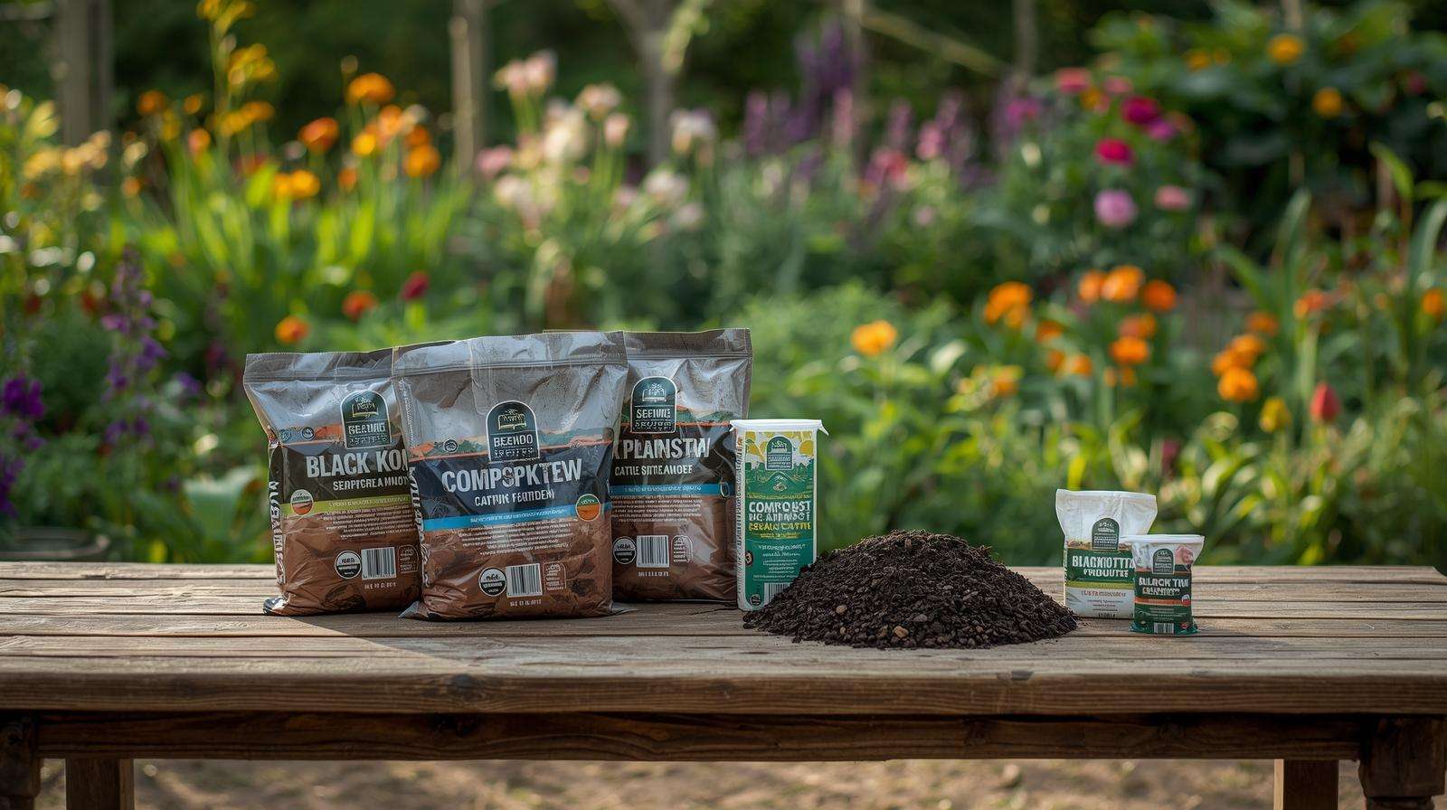 Display of bagged composted cattle manure products on a garden table for lush, healthy plants.