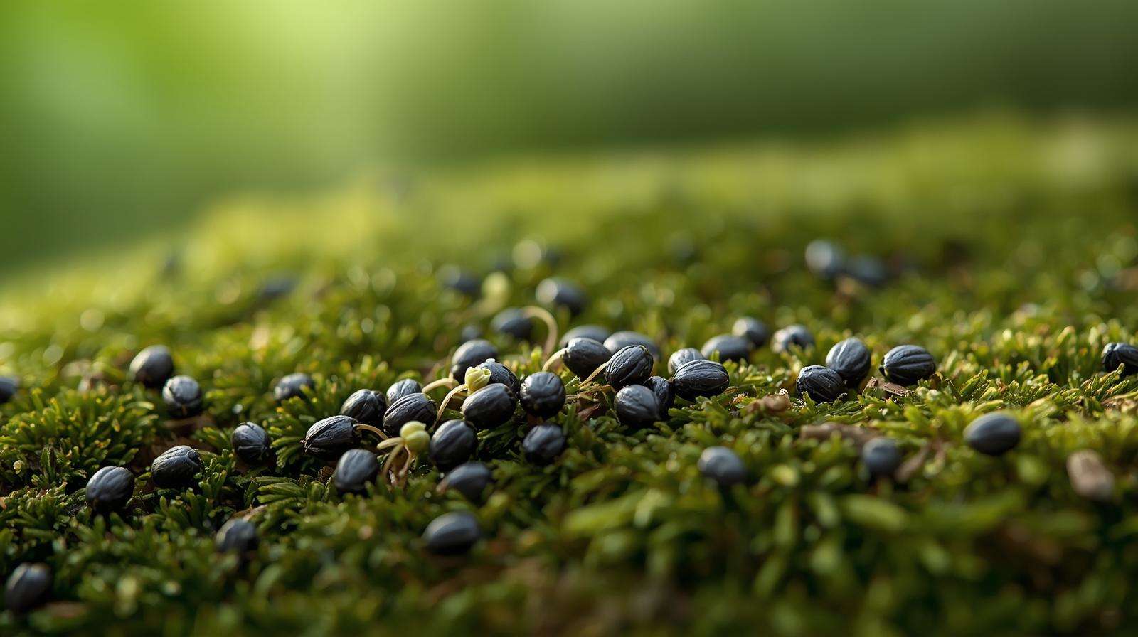 Close-up of water lily seeds on damp moss, showing tiny sprouts for aquatic gardening.