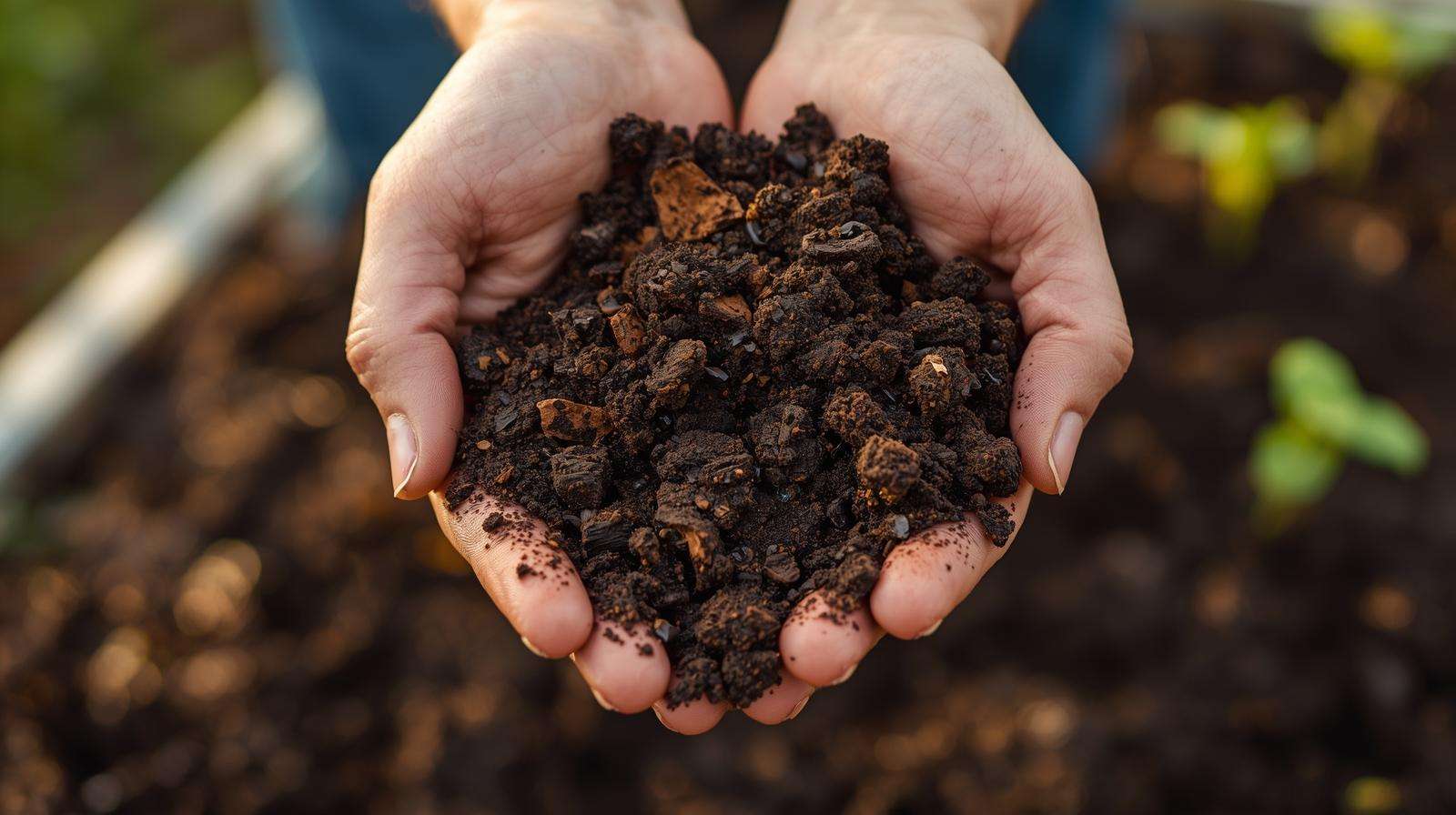 Close-up of dark, crumbly composted cattle manure in a gardener’s hands, ready for soil enrichment.