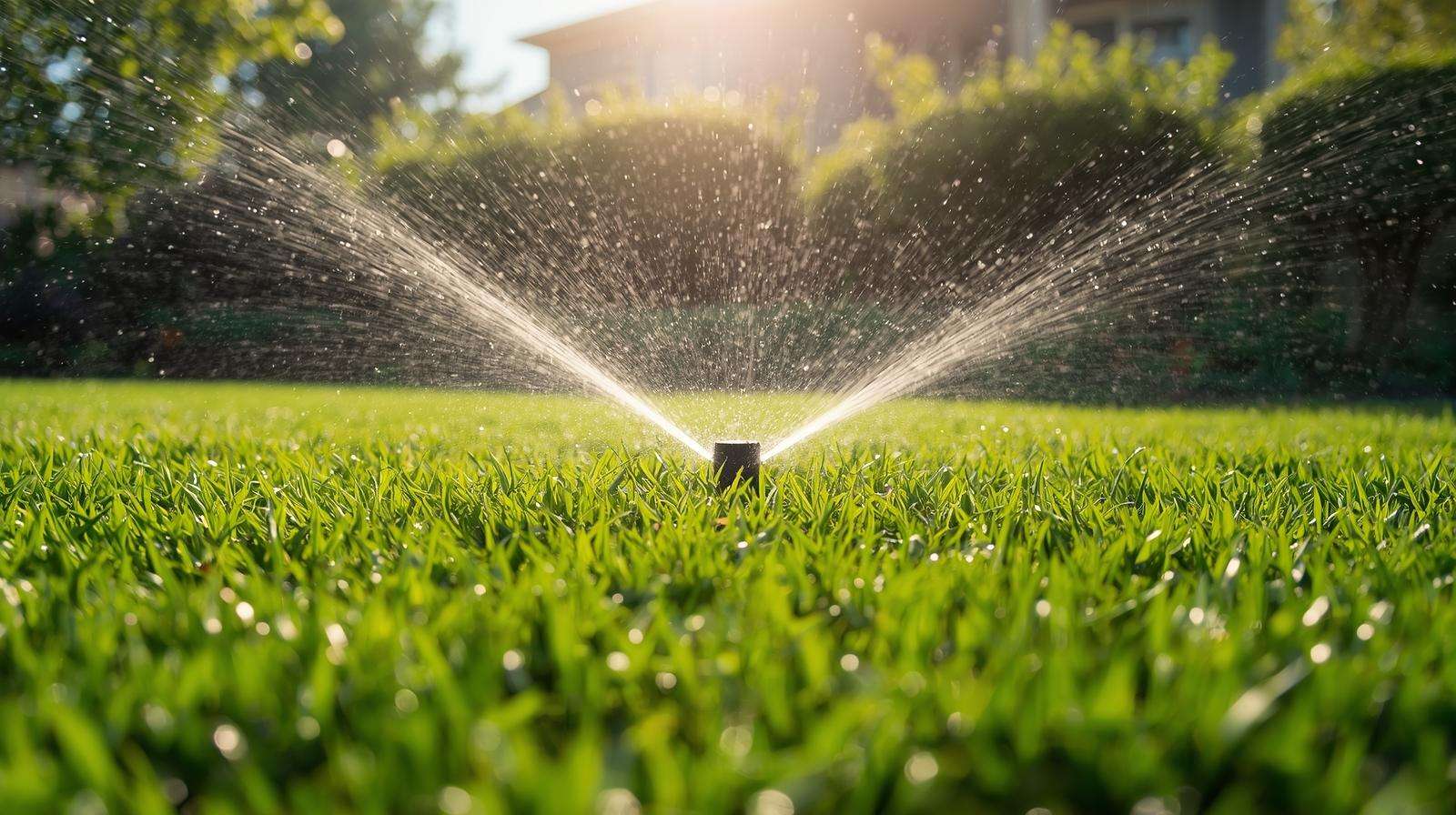 Sprinkler irrigation system watering a zoysia grass lawn, optimizing nutrient uptake for 16-4-8 fertilizer in sustainable lawn care.
