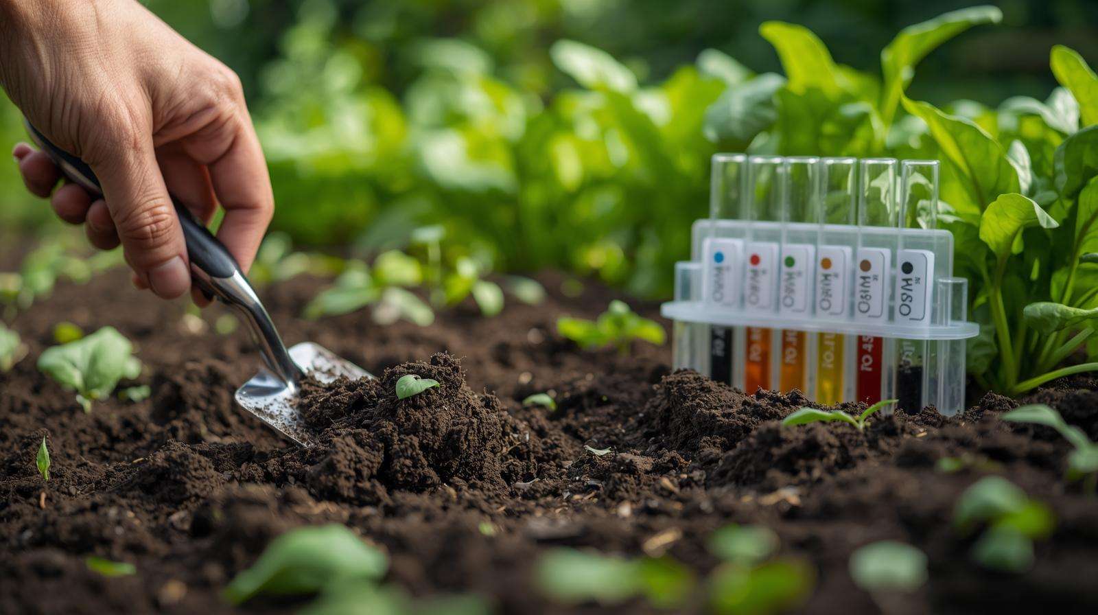 Soil testing process with trowel and test kit near leafy vegetables, supporting effective use of 16-4-8 fertilizer for garden health.