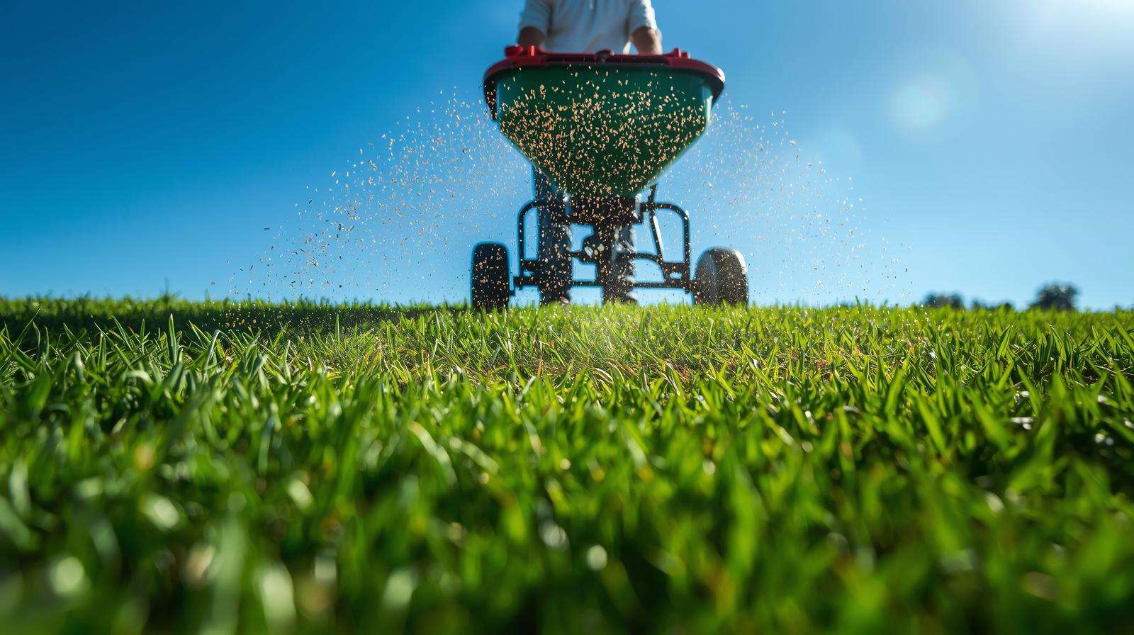 Homeowner broadcasting 16-4-8 fertilizer on a Bermuda grass lawn, showcasing effective application for lush turf growth.