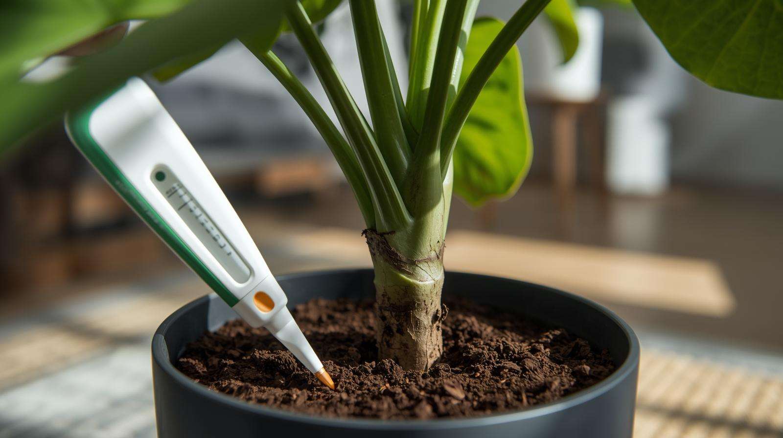 Soil testing kit used on a potted fiddle leaf fig, ensuring optimal conditions for applying the best fiddle leaf fig fertilizer.