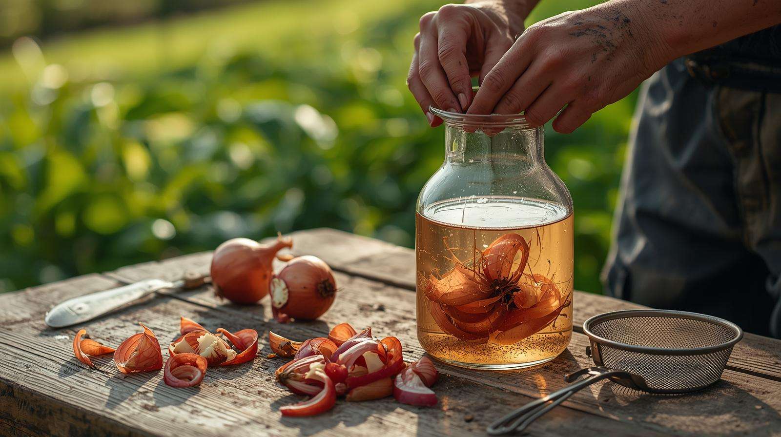 Gardener preparing onion compost tea with onion skins in a glass jug, showcasing onion as fertilizer preparation.