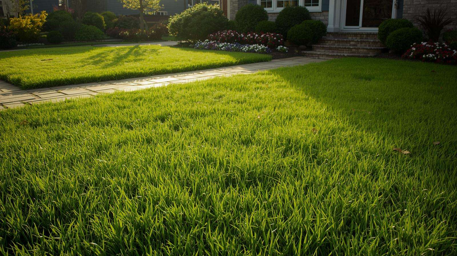 Vibrant, lush lawn established with proper fertilizer for grass seed in a manicured suburban yard.