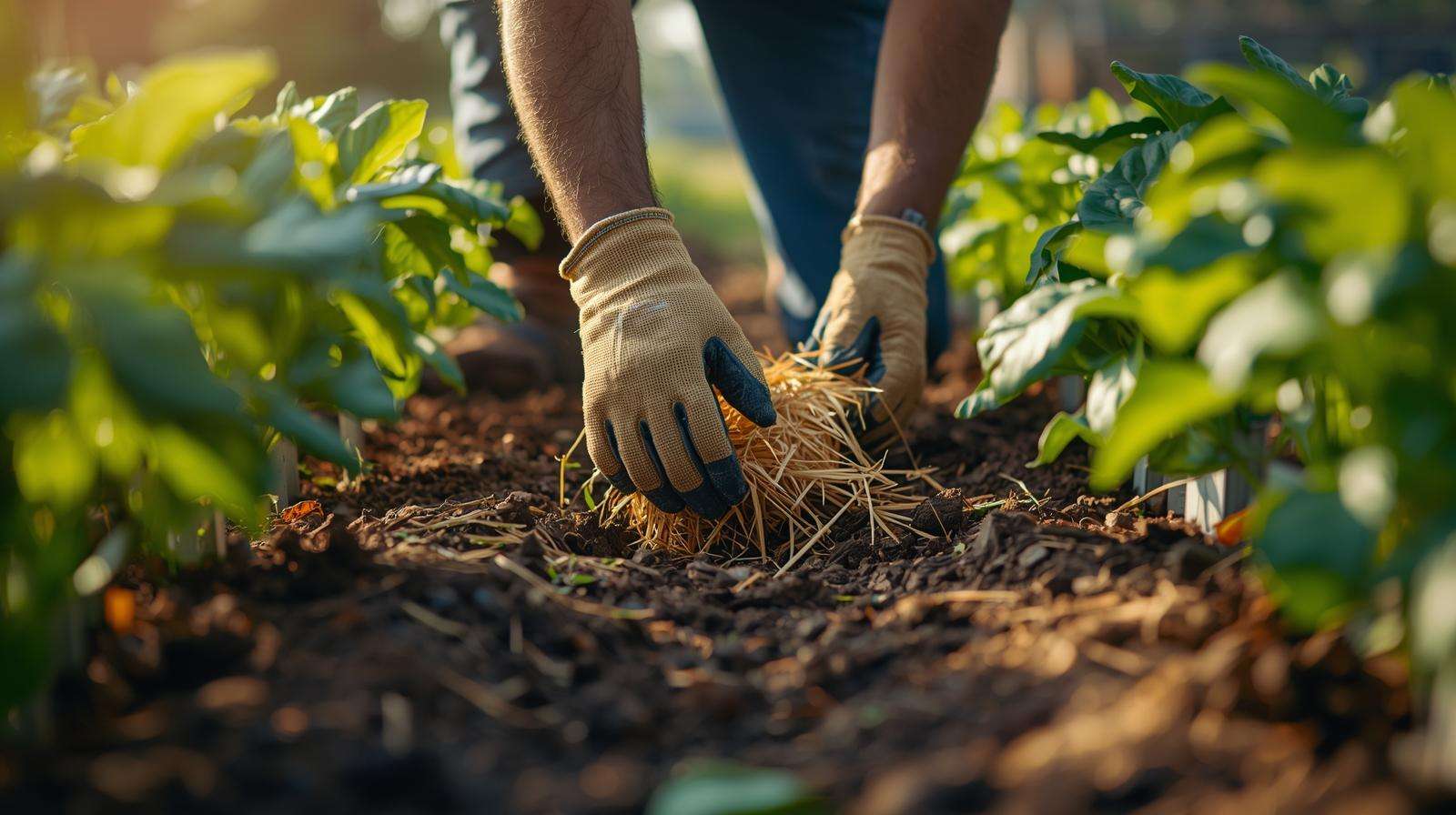 Gardener applying straw mulch around plants to protect roots and regulate soil temperature.Gardener applying straw mulch around plants to protect roots and regulate soil temperature.