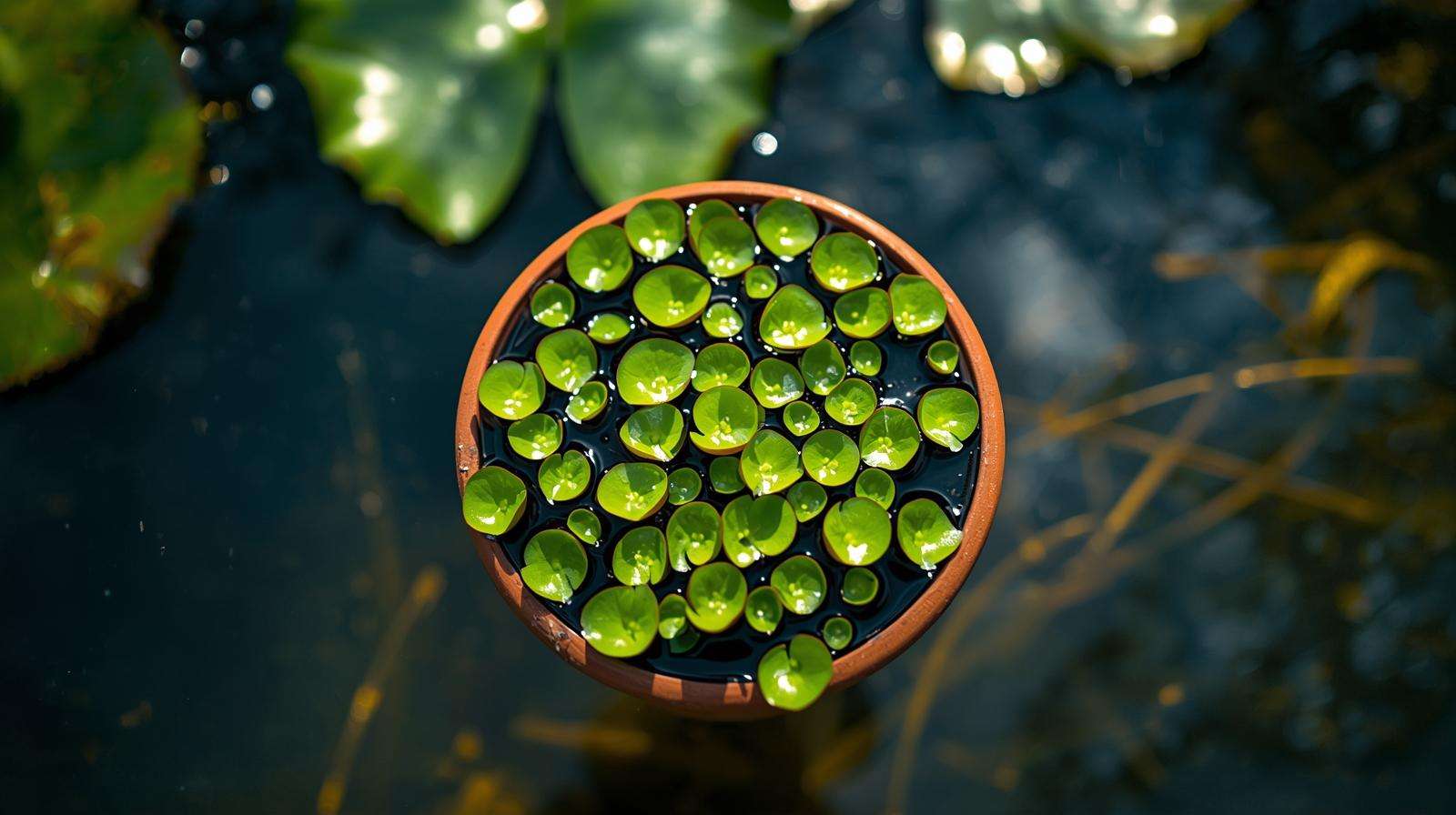 Young water lily seed plants with green leaves in pots submerged in clear water.