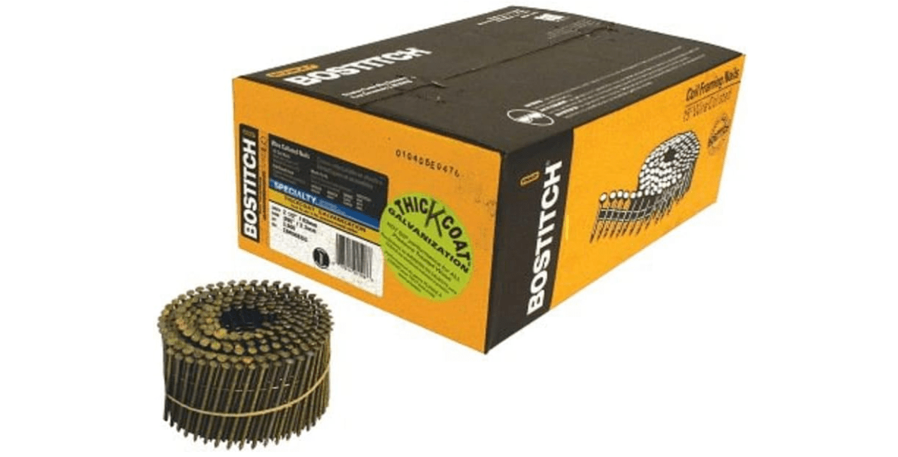 BOSTITCH Siding Nails, Wire Collated Coil, Thickcoat Galvanized, 15-Degree, Ring Shank, 2-1/2-Inch x .090-Inch, 3600-Pack (C8R90BDG)
