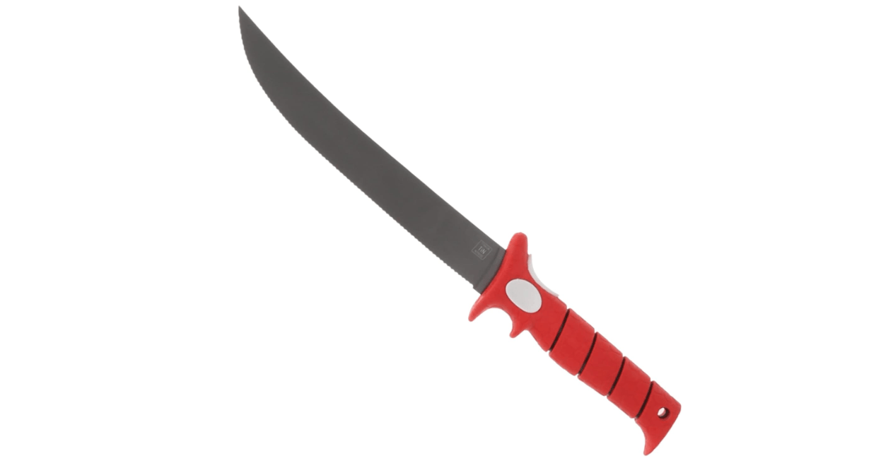 BUBBA 9" Serrated Flex Knife with Non-Slip Grip Handle, Offset Full Tang Stainless Steel Blade, Lanyard Hole and Synthetic Sheath for Fishing
