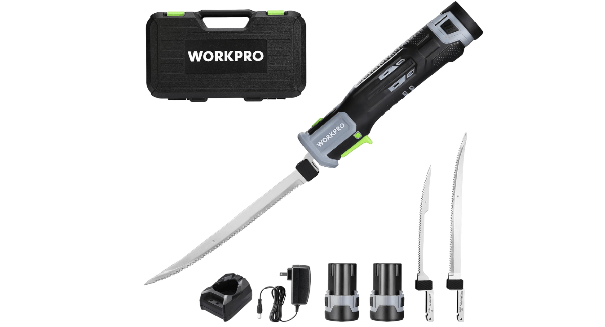 WORKPRO 12V Cordless Electric Fillet Knife with 8'' and 10'' Razor-Sharp Blades, Cordless Fillet Knife with Non-slip Grip Handle and Safety Lock, 2 Rechargeable Battery Packs, 1 Quick Battery Charger, and 1 Storage Carry Case for Fishing, Filleting, Outdoors
