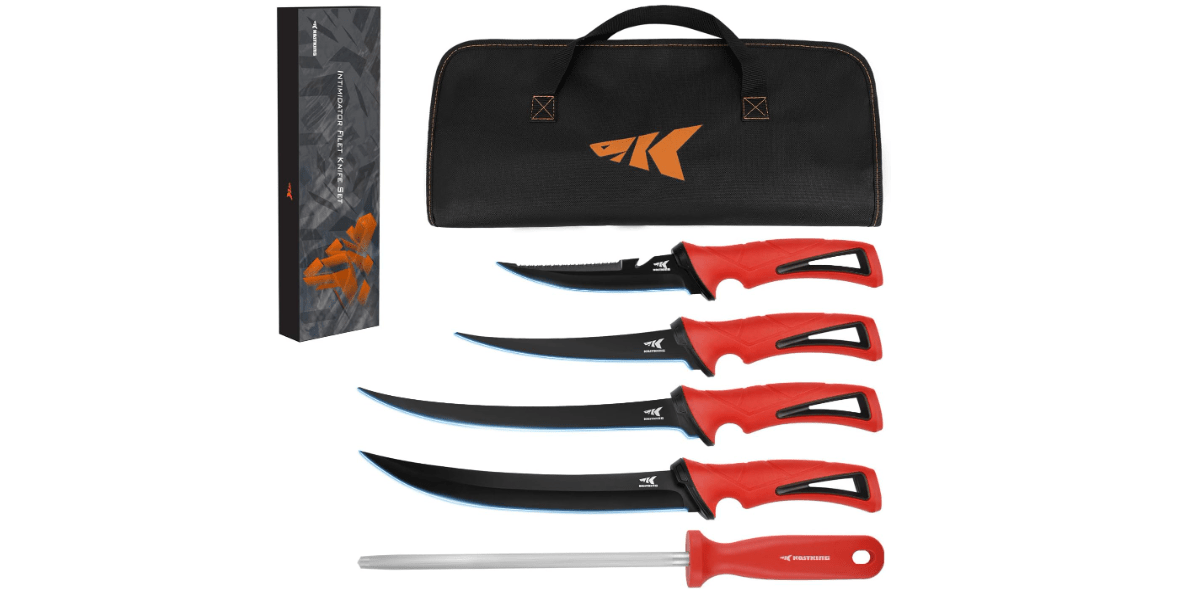 KastKing Intimidator Bait Knife and Filet Knives, Ultra-Sharp G4116 German Stainless-Steel Blades, Fresh or Saltwater, Non-Slip Handle, Durable Storage Bag, and Honing Rod
