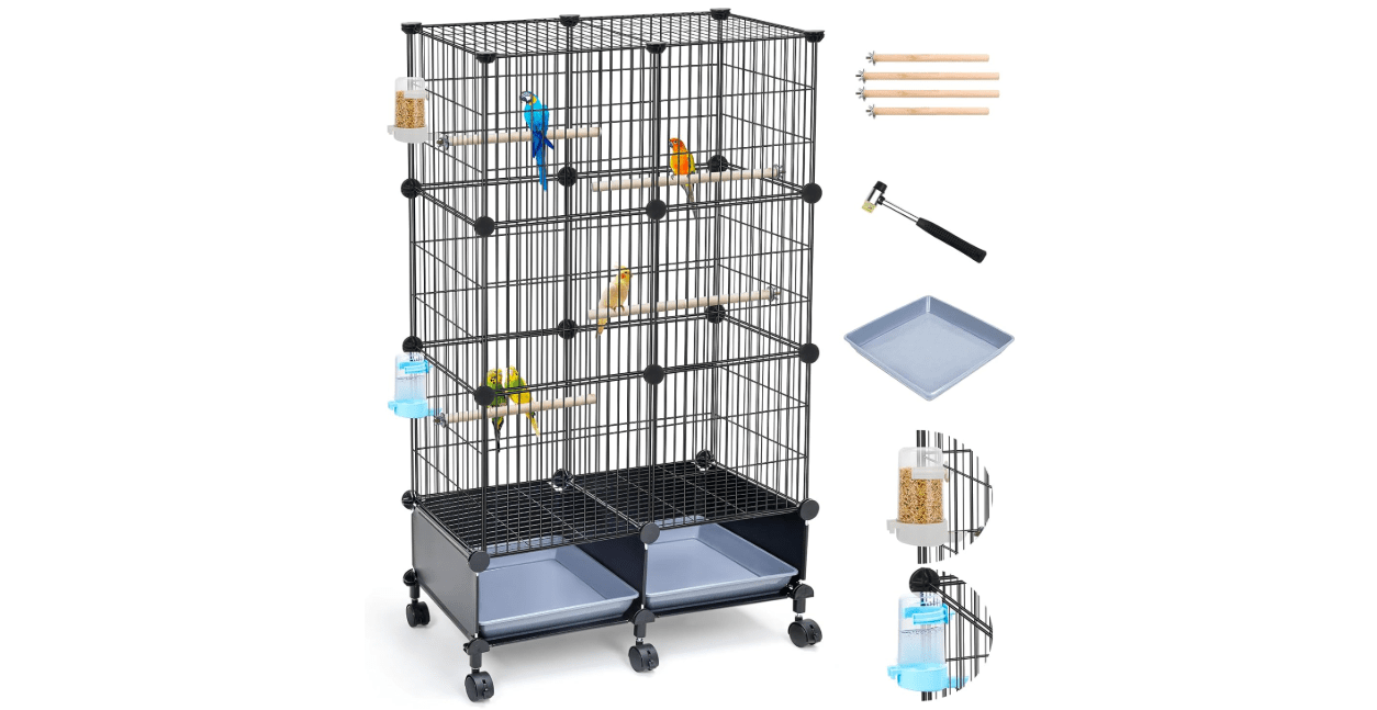 46-Inch Bird Cage, with Wooden Perches, Metal Parakeet Cage with Slide-Out Tray, Water Bottle & Feeder, Bird Cages for Parrot, Parakeets, Cockatiel, Lovebird, Pigeon and Small Mid-Sized Birds
