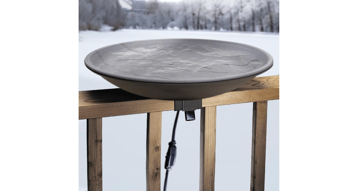 Wild Bird Lover’s Heated Bird Bath with Deck Rail Brackets – 20" Outdoor Birdbath with 150W Heater & Thermostat – Ice-Free Plastic Bowl with 2" Deep Basin & Natural Slate Look, 1-Year Warranty

