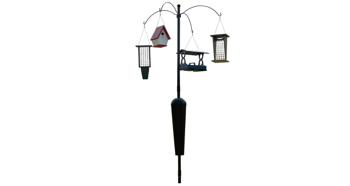 Sequoia Squirrel Proof Pole System with 4 Hanging Stations for Bird Houses, Bird feeders, Hanging Baskets, Wind Chimes and More. 1.25" Diameter Pole & 1" top is Rust Proof Pole with
