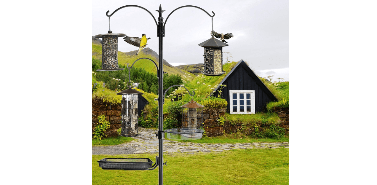 Ashman Deluxe Premium Bird Feeding Station, 22" Wide x 91" Tall (82 inch Above Ground) Black, Multi Feeder Hanging Kit & Bird Bathfor Attracting Wild Birds, Birdfeeder & Planter Hanger (2 Pack)
