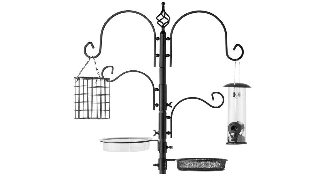 Best Choice Products 91in 4-Hook Feeding Station, Steel Multi-Feeder Kit Stand for Attracting Wild Birds w/ 2 Bird Feeders, Mesh Tray, Bird Bath, 4-Prong Base - Black
