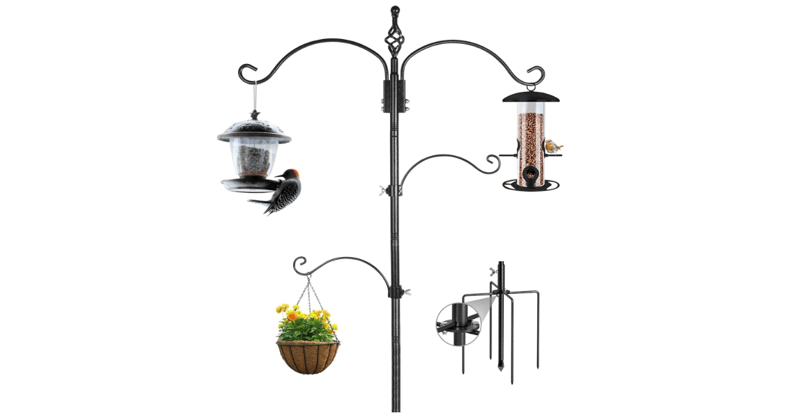 Bird Feeding Station Feeder Pole - Multi Hook 63 inches Stand for Watching Attracting Wild Bird Outdoor Hanging Pole by Highpro, 5-Prong Anchor Base
