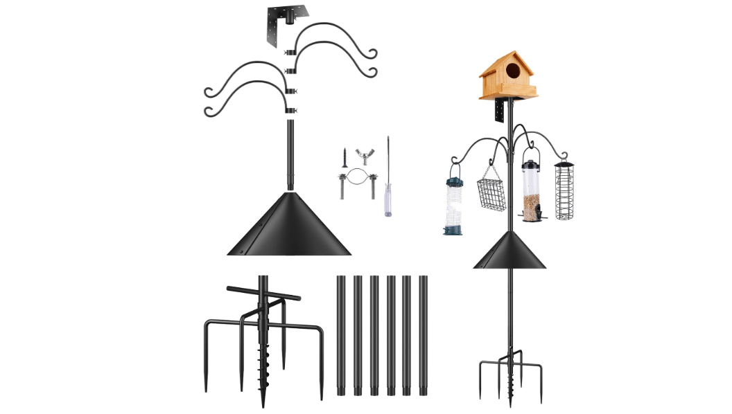 92 Inch Bird House Pole for Garden, Optimech Bird Feeder Poles with Squirrel Proof Baffle 4 Shepherd Hooks,Heavy Duty Stand 5-Prong Anchor Feeding Station (Bird House NOT Included)
