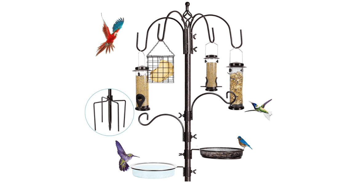 YINGYM 6-Hook Bird Feeding Station Kit, Wild Bird Feeder Stand Pole, Multi-Feeder Kit Stand with 4 Feeders, Bird Bath and Mesh Tray, 94 Inch
