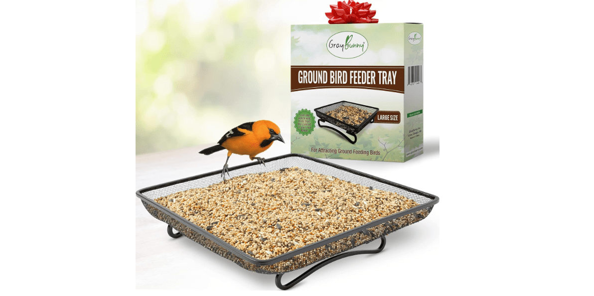Gray Bunny Bird & Squirrel Feeder Tray 11x11 Inches, Cardinal, Blue Jay, Crow, Wild Large Bird Feeders for Outdoors, Outside Free Standing Metal Hopper Bowl Feeding Platform
