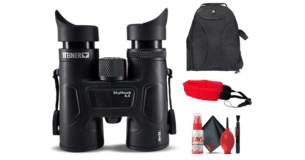 Steiner Skyhawk 4.0 10x32 Binoculars (23370900) Bundle with Padded Backpack, Floating Wrist Strap, and 6Ave Cleaning Kit
