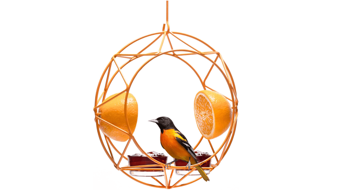 MEKKAPRO Sun Baltimore Oriole Feeder for Outdoors, Jelly and Orange Metal Bird Feeder, Unique Sun Design and Bright Color, Open Top Hook, UV-Resistant Powder-Coated Steel (2 Cups)
