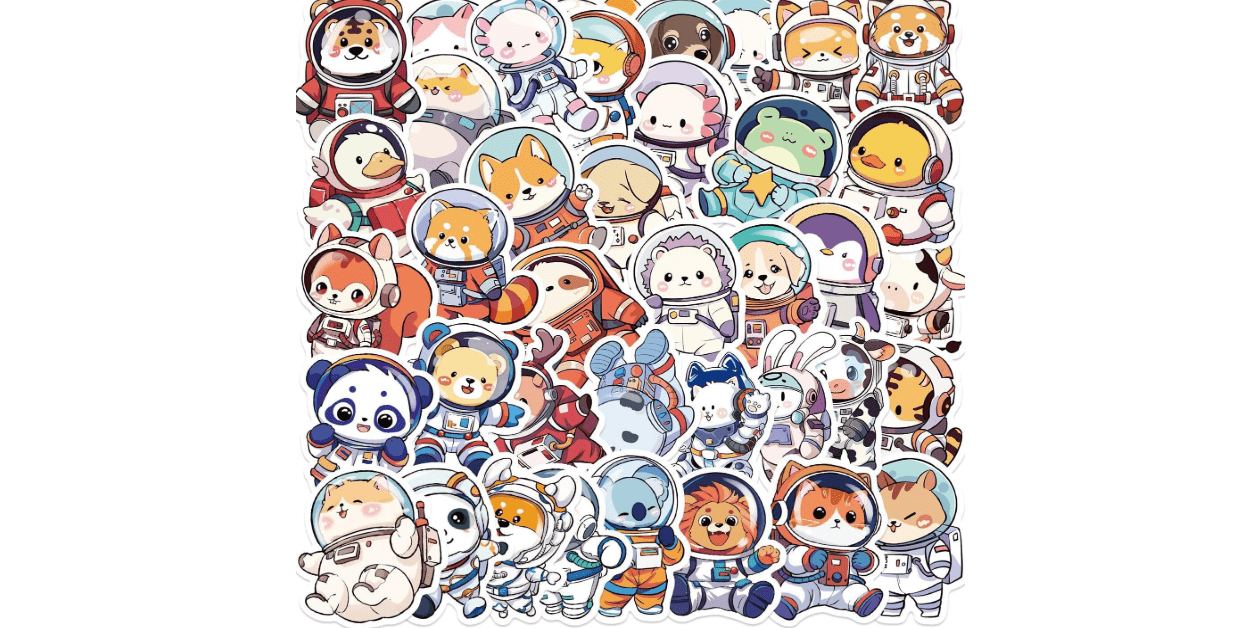 50Pcs Space Astronaut Stickers Pack Vinyl Waterproof Space Animal Sticker Trendy Decals for Water Bottle,Laptop,Phone,Skateboard,Scrapbooking,Bumper Choice for Teens Adults Fans for Party Supply
