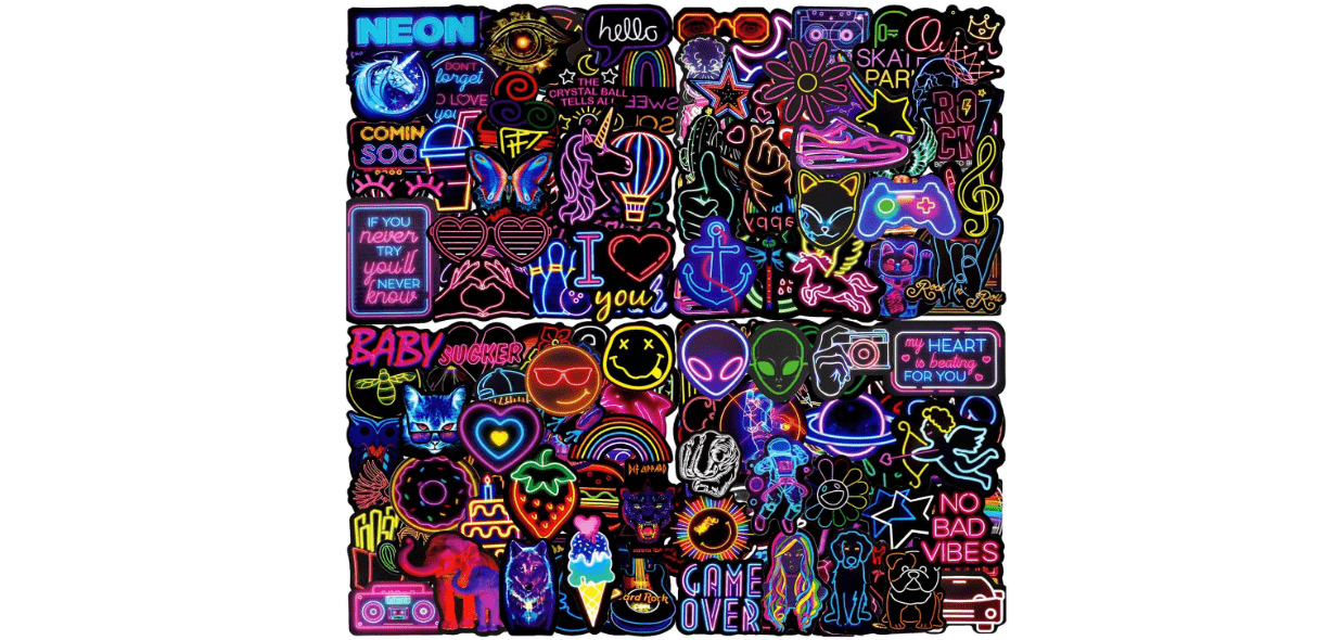 Water Bottle Stickers 200 Pcs Cool Neon Sticker Packs, Prizes for Kids Classroom Reward, Waterproof Vinyl Stickers for Water Bottles Laptop Skateboard Scrapbooking Journaling Notesbook Luggage etc
