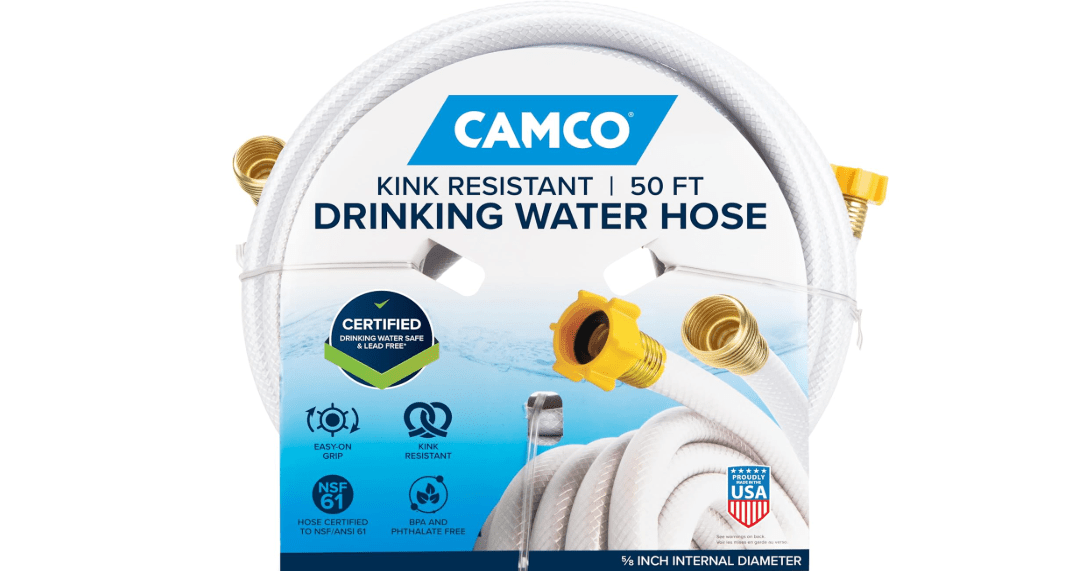 Camco TastePURE 50-Ft Water Hose - RV Drinking Water Hose Contains No Lead, No BPA & No Phthalate - Features Diamond-Hatch Reinforced PVC Design - 5/8” Inside Diameter, Made in the USA (22793) 