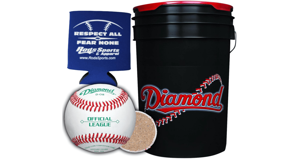 Diamond Sports D-OB DOB Baseballs in 6-Gallon Ball Black Cushion Lid Bucket 30 Balls with Rods Insulated Can Sleeve
