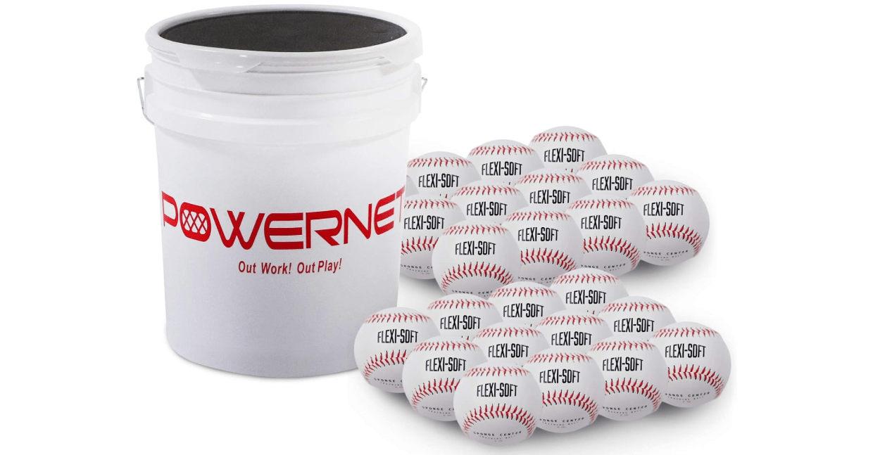 PowerNet Baseball Bundle, Padded Bucket with 24 Practice Baseballs or Flexi-Soft Training Balls, Portable Pitching & Batting Practice Equipment 