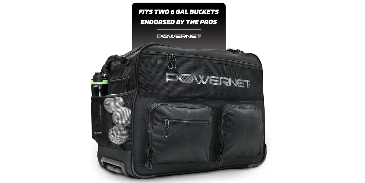 PowerNet Rolling Bucket Bag, Holds 2 6-Gallon Bucket of Baseballs & Softballs, Storage Pockets for Baseball Bat, Gloves & Scoreboards, Fits Launch F-lite Pitching Machine & Balls
