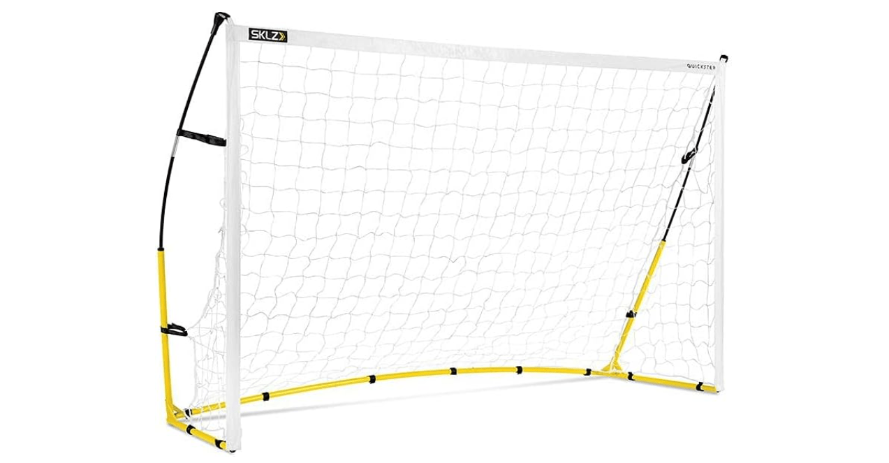 SKLZ Quickster Soccer Goal - Portable Goal for Backyard & Field - Durable Tension-Tite Frame & Heavy Gauge 2-Ply Net - Adjustable Click-Lock Poles, Metal Stakes - Carrying Case with Handle