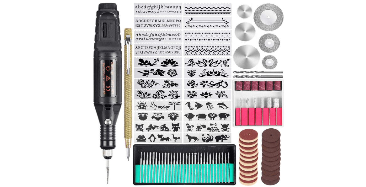 108 Pcs Engraving Tool Kit, Multi-Functional Electric Corded Micro Engraver Etching Pen DIY Rotary Tool for Jewelry Glass Wood Metal Plastic with Scriber, 82 Accessories and 24 Stencils - Black 