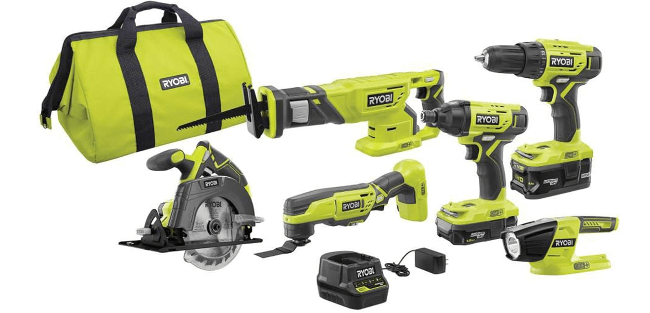 RYOBI P1819 18V One+ Lithium Ion Combo Kit (6 Tools: Drill/Driver, Impact Driver, Reciprocating Saw, Circular Saw, Multi-Tool, LED Worklight, 4.0 Ah & 1.5 Ah Battery, Charger, Bag) 