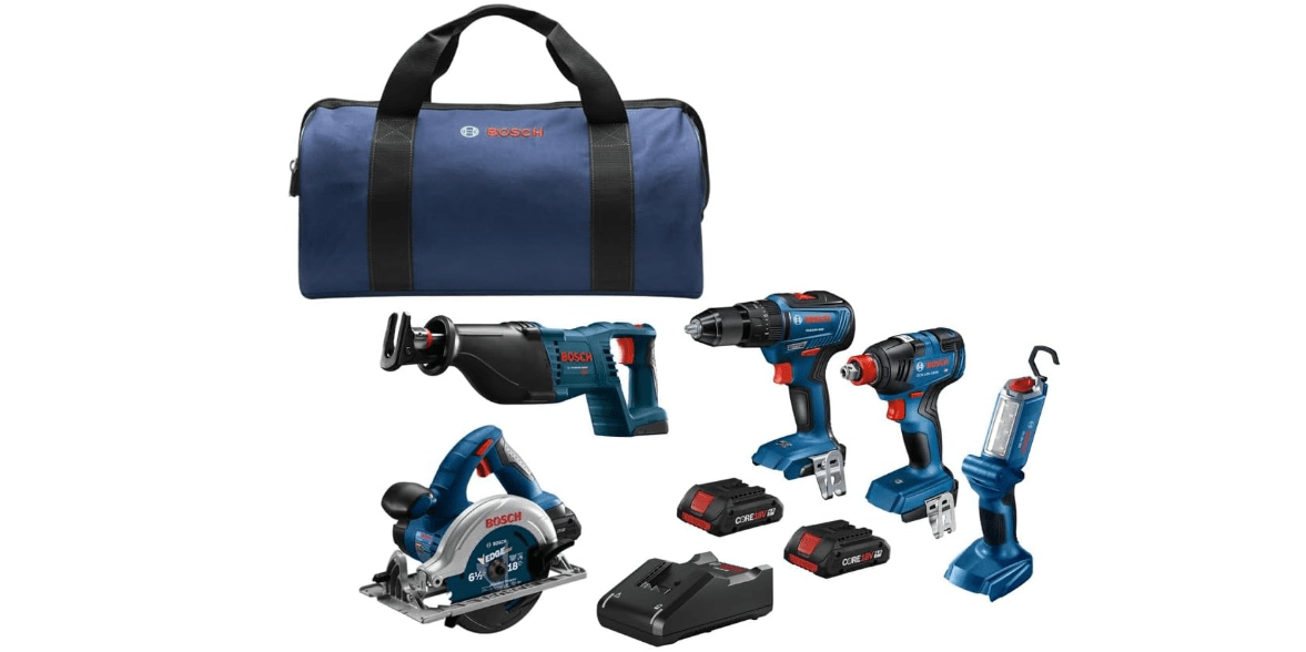 BOSCH GXL18V-501B25 18V 5-Tool Combo Kit with 2-In-1 Bit/Socket Impact Driver/Wrench, 1/2 In. Hammer Drill/Driver, Reciprocating Saw, Circular Saw, LED Worklight and (2) CORE18V 4 Ah Compact Batteries 