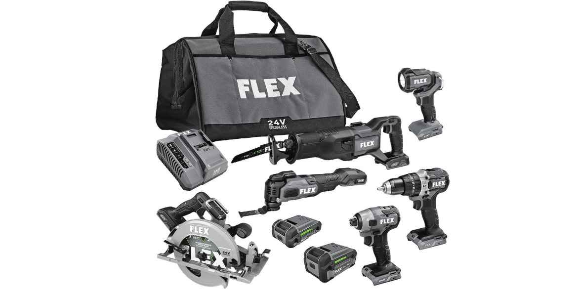 FLEX 24V Brushless Cordless 6-Tool Combo Kit: Hammer Drill, Hex Impact Driver, Circular Saw, Multi-Tool, Reciprocating Saw, Work Light with 2.5Ah, 5.0Ah Lithium Batteries and 160W Charger - FXM601-2B 