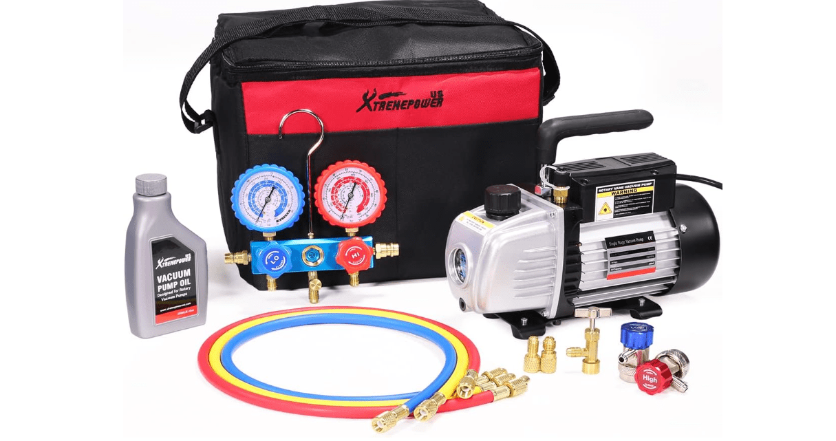 XtremepowerUS 3.5CFM 1/4HP HVAC Vacuum Pump R134a R12 R22 R410a A/C Refrigeration Set AC Manifold Gauge R134 Can Tap Carrying Tote