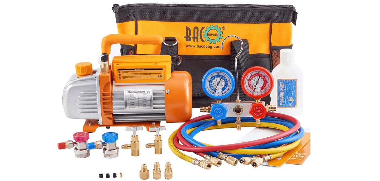 BACOENG 3.6CFM 1/4HP AC Vacuum Pump and Manifold Gauge Set for R134a R12 R410a HVAC Air Conditioning Refrigeration, Includes Can Tap, Quick Coupler Adapters and Carry Bag